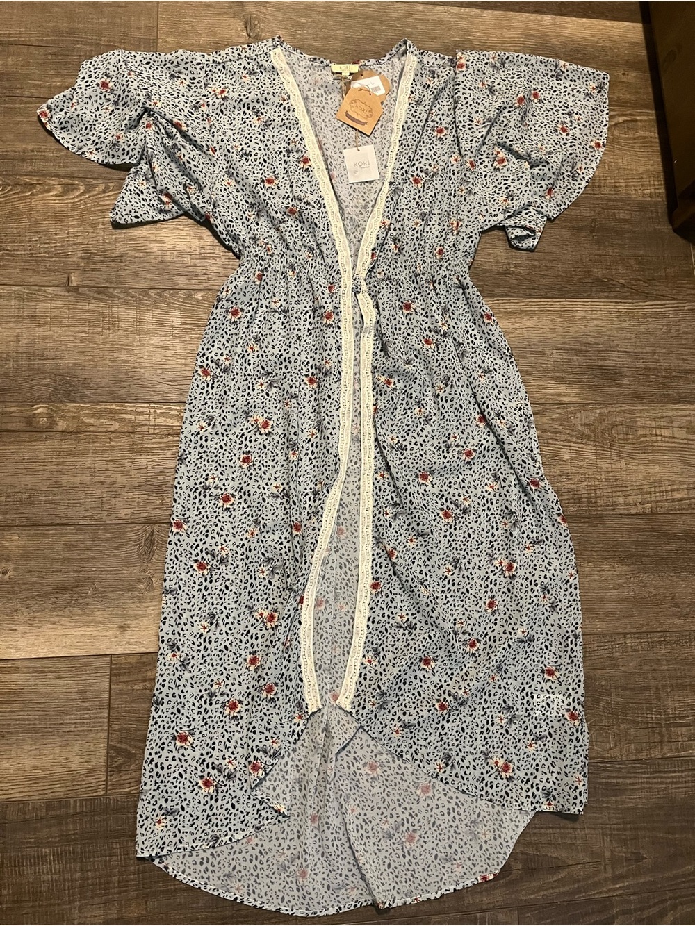 Bohemian Light Blue Floral Lace-Trim Maxi Kimono Button Closure